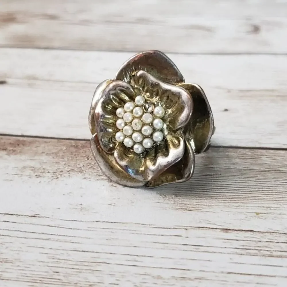 Vintage Ring - Large Flower with Faux Pearl Center Statement Adjustable Size